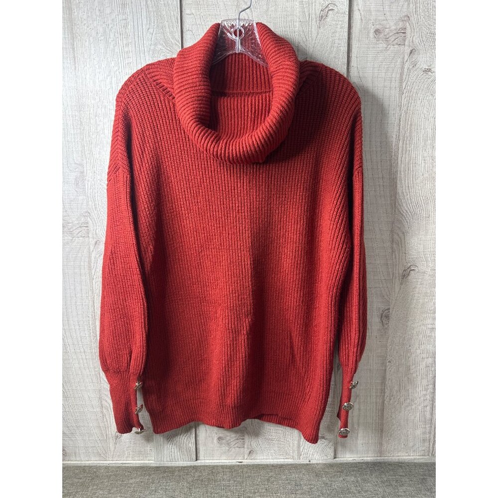Dark Red Ribbed Knit Cowl Neck Sweater With Button Accents Womens M Cozy Fall